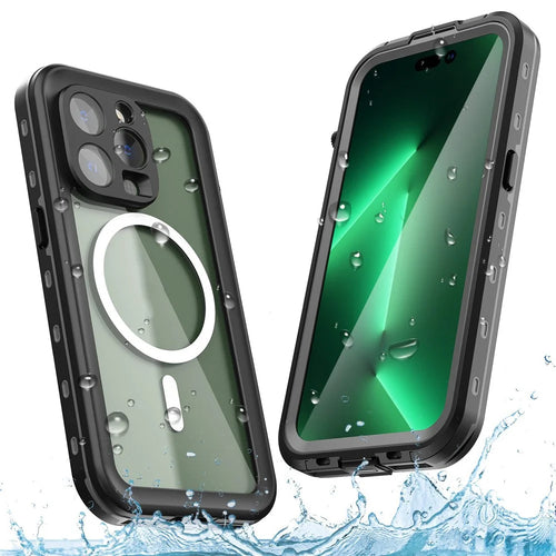 REDPEPPER Dot+ Series for iPhone 14 Pro 6.1 inch Compatible with MagSafe Wireless Charging Phone Cover IP68 Waterproof IP6X Dustproof Transparent Back Hybrid Phone Case - Black - 1