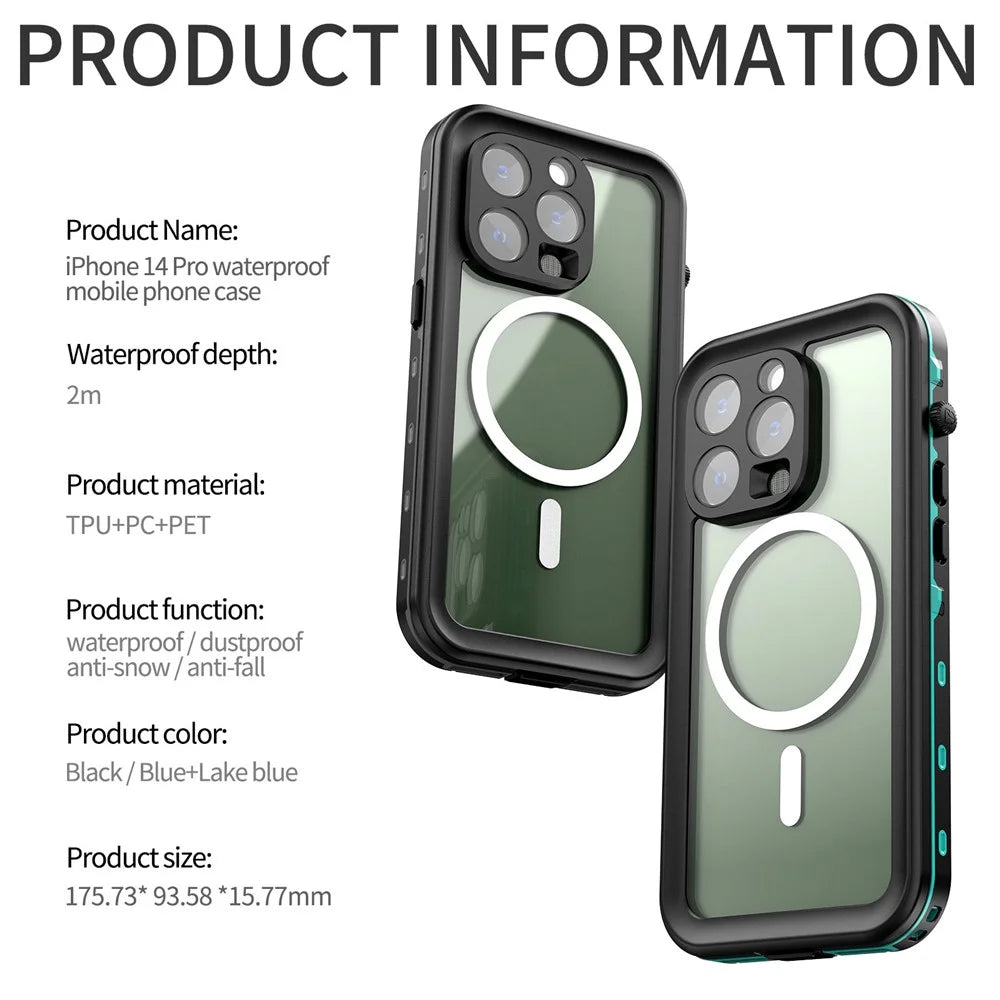 REDPEPPER Dot+ Series for iPhone 14 Pro 6.1 inch Compatible with MagSafe Wireless Charging Phone Cover IP68 Waterproof IP6X Dustproof Transparent Back Hybrid Phone Case - Black - 3