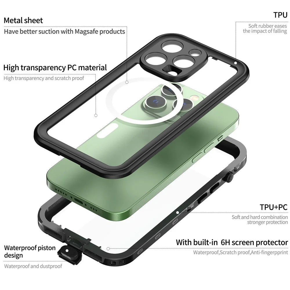 REDPEPPER Dot+ Series for iPhone 14 Pro 6.1 inch Compatible with MagSafe Wireless Charging Phone Cover IP68 Waterproof IP6X Dustproof Transparent Back Hybrid Phone Case - Black - 6