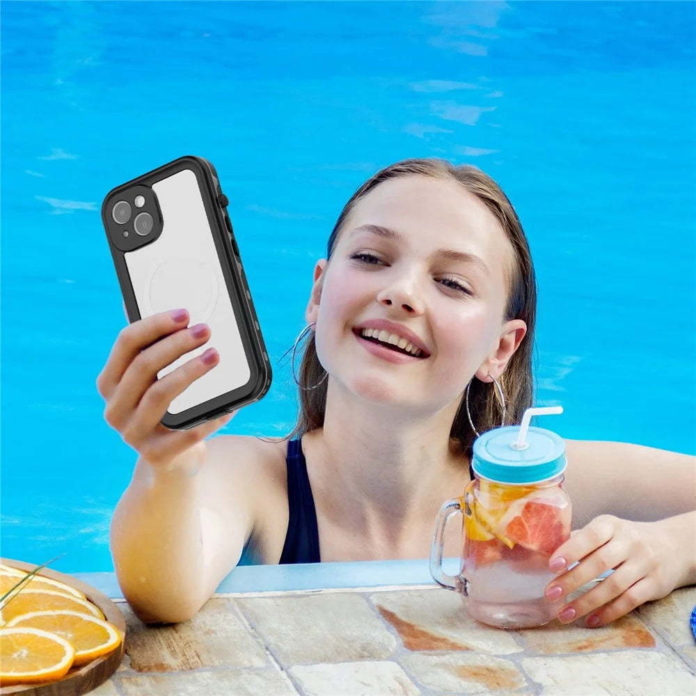 REDPEPPER Dot+ Series for iPhone 14 6.1 inch Compatible with MagSafe Wireless Charging Fall Proof Phone Cover IP68 Waterproof IP6X Dustproof Transparent Back Hybrid Phone Case - Black - 3