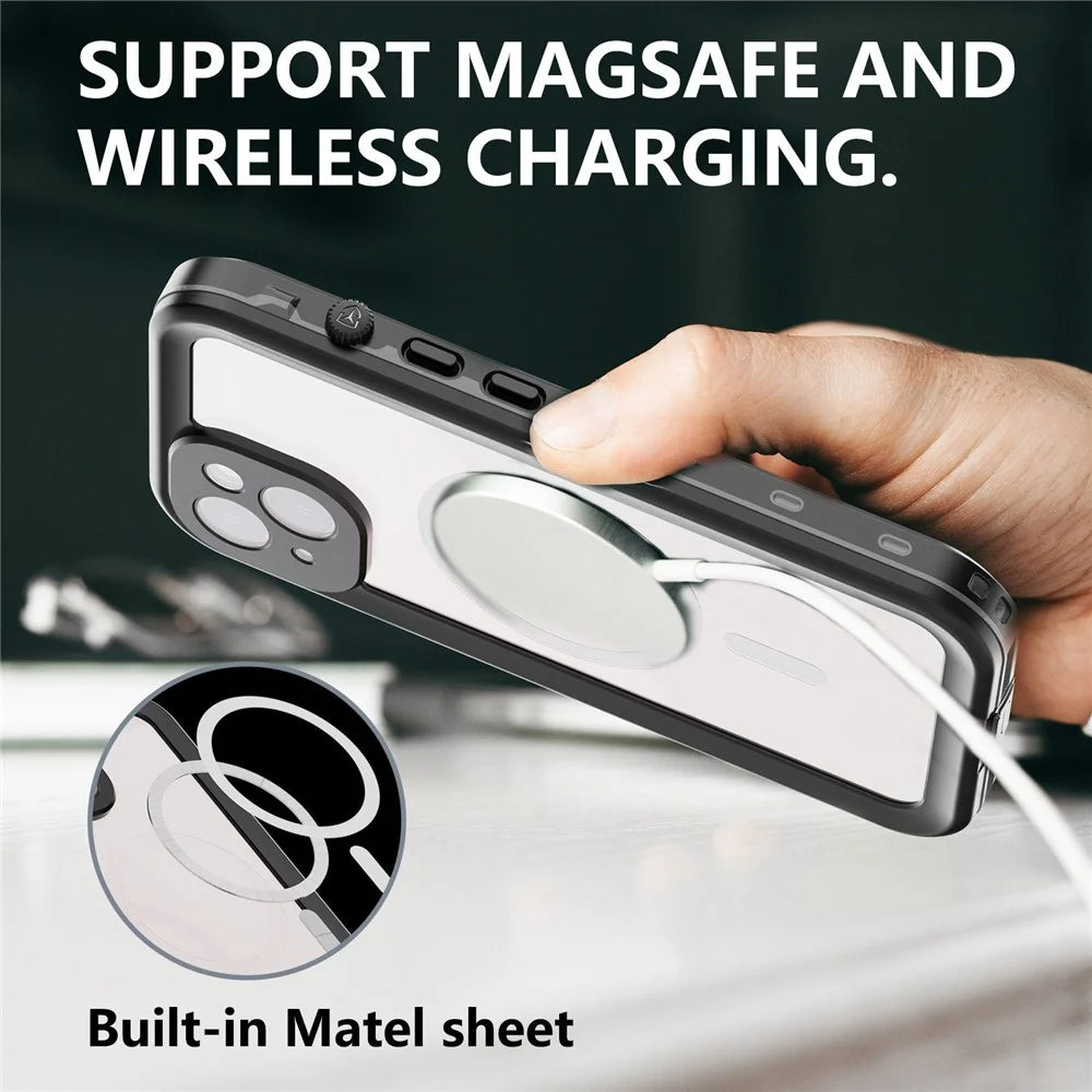 REDPEPPER Dot+ Series for iPhone 14 6.1 inch Compatible with MagSafe Wireless Charging Fall Proof Phone Cover IP68 Waterproof IP6X Dustproof Transparent Back Hybrid Phone Case - Black - 4