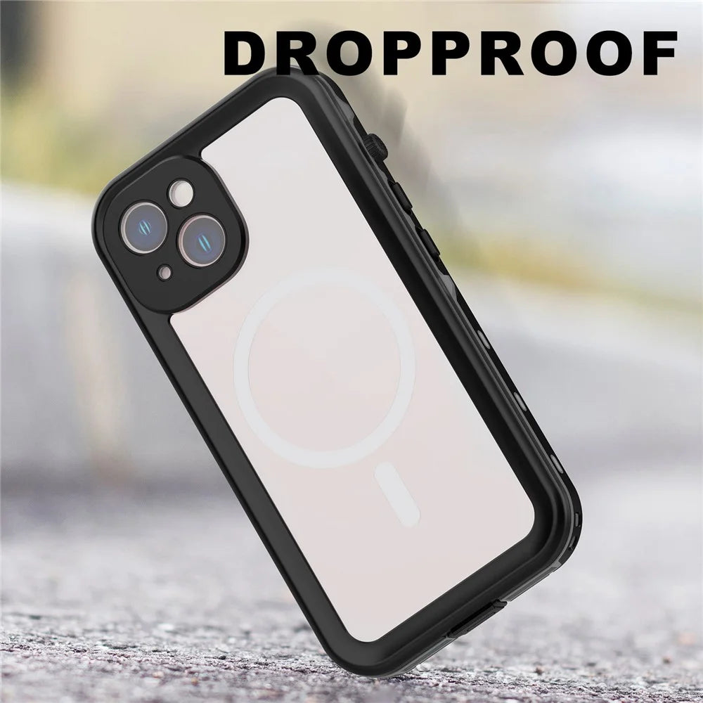 REDPEPPER Dot+ Series for iPhone 14 6.1 inch Compatible with MagSafe Wireless Charging Fall Proof Phone Cover IP68 Waterproof IP6X Dustproof Transparent Back Hybrid Phone Case - Black - 6