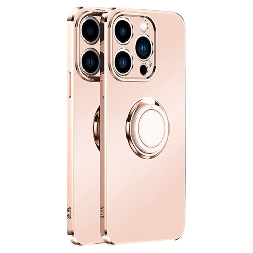 For iPhone 14 Pro 6.1 inch Straight Edge Phone Cover Ring Holder Kickstand Built-in Magnetic Metal Sheet Design Electroplating TPU Matte Phone Case - Light Pink - 1