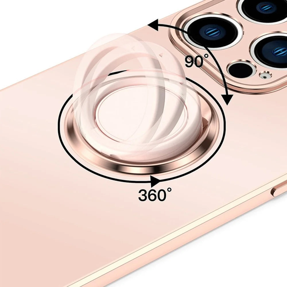 For iPhone 14 Pro 6.1 inch Straight Edge Phone Cover Ring Holder Kickstand Built-in Magnetic Metal Sheet Design Electroplating TPU Matte Phone Case - Light Pink - 2