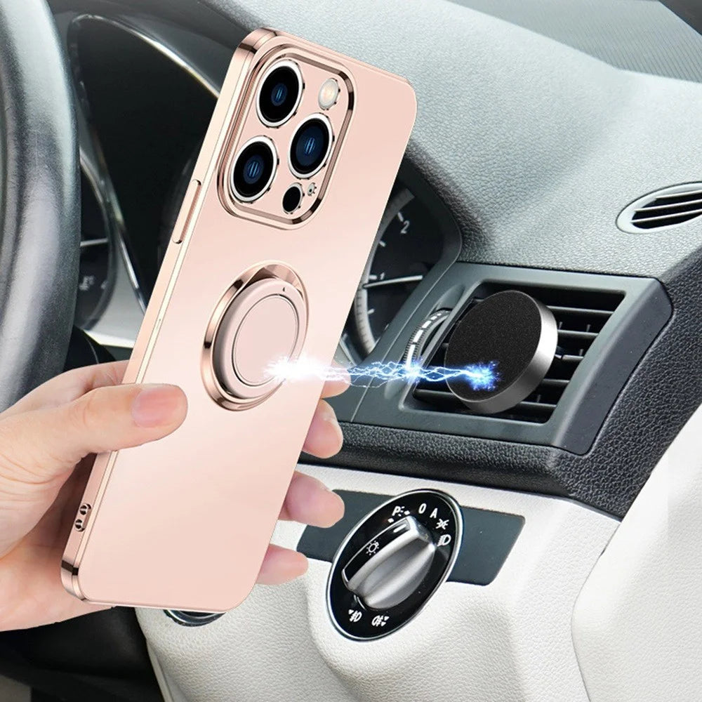 For iPhone 14 Pro 6.1 inch Straight Edge Phone Cover Ring Holder Kickstand Built-in Magnetic Metal Sheet Design Electroplating TPU Matte Phone Case - Light Pink - 4