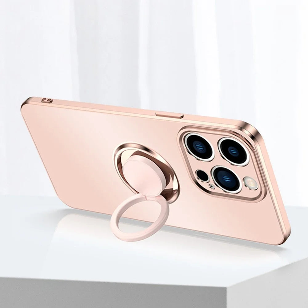 For iPhone 14 Pro 6.1 inch Straight Edge Phone Cover Ring Holder Kickstand Built-in Magnetic Metal Sheet Design Electroplating TPU Matte Phone Case - Light Pink - 5