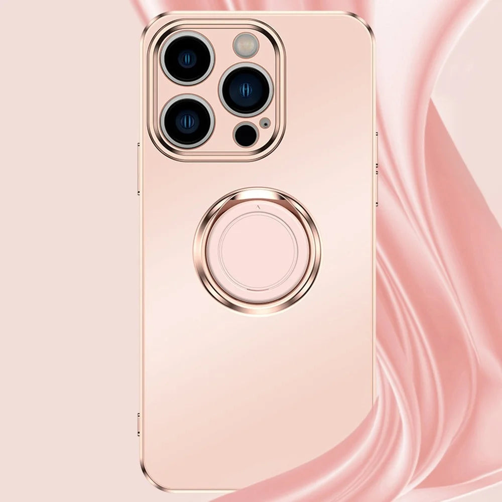 For iPhone 14 Pro 6.1 inch Straight Edge Phone Cover Ring Holder Kickstand Built-in Magnetic Metal Sheet Design Electroplating TPU Matte Phone Case - Light Pink - 6