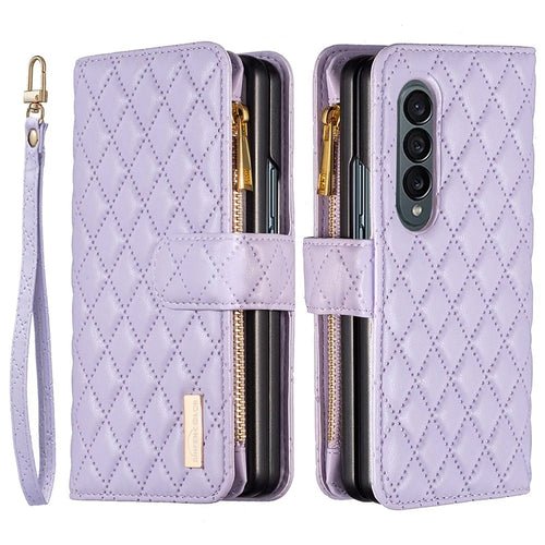 BINFEN COLOR For Samsung Galaxy Z Fold4 5G Zipper Pocket Stand Leather Case Rhombus Pattern Imprinted Phone Wallet Cover - Purple - 1