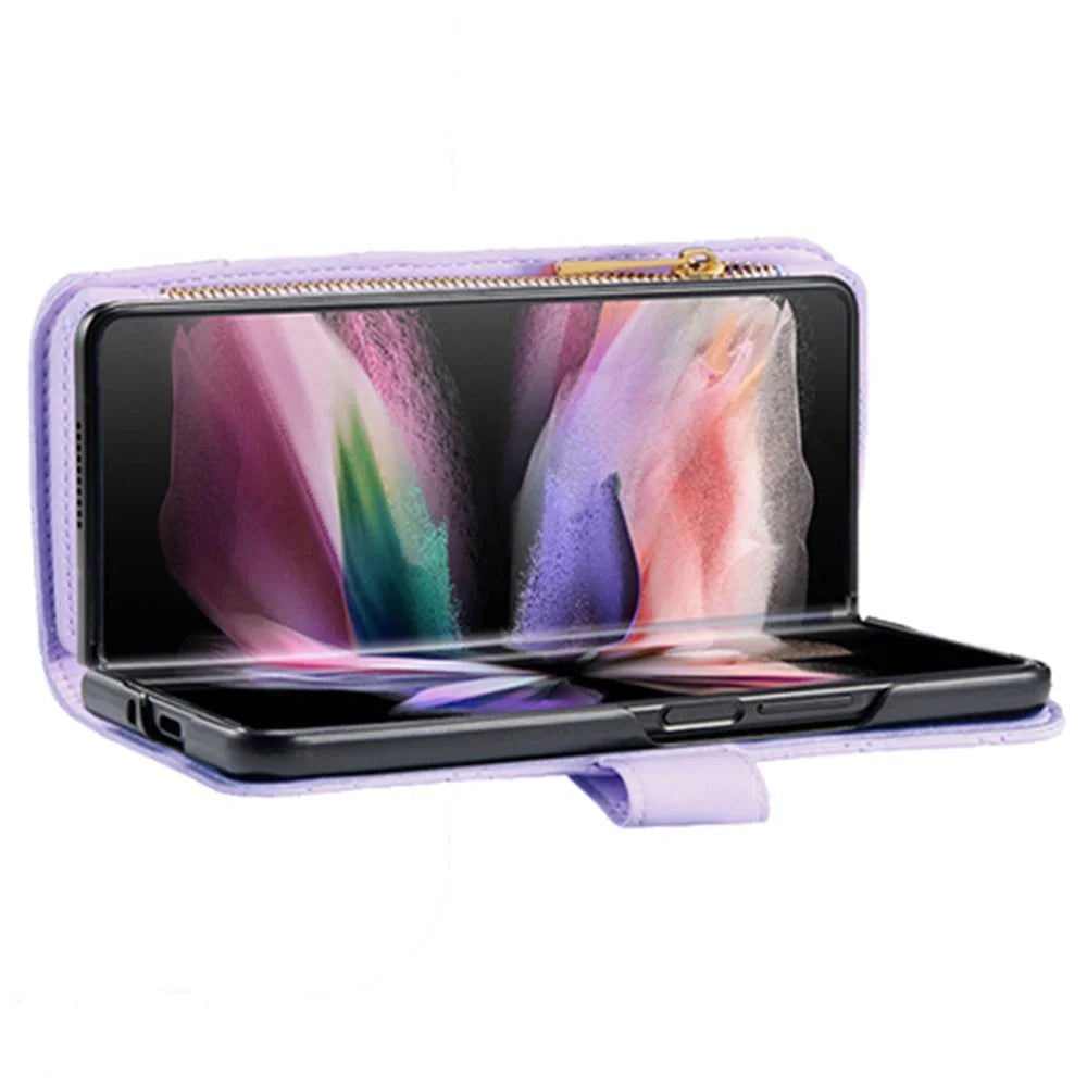BINFEN COLOR For Samsung Galaxy Z Fold4 5G Zipper Pocket Stand Leather Case Rhombus Pattern Imprinted Phone Wallet Cover - Purple - 2
