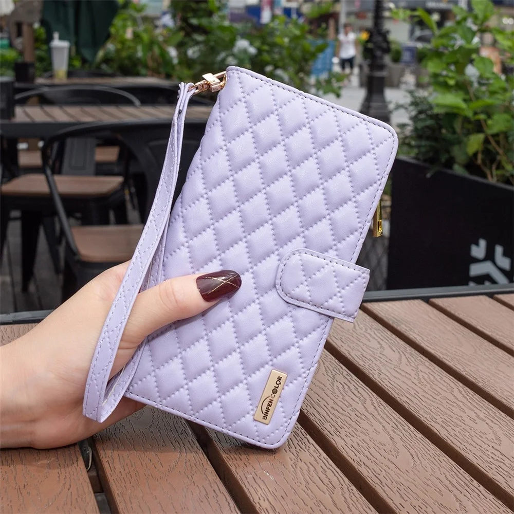 BINFEN COLOR For Samsung Galaxy Z Fold4 5G Zipper Pocket Stand Leather Case Rhombus Pattern Imprinted Phone Wallet Cover - Purple - 6