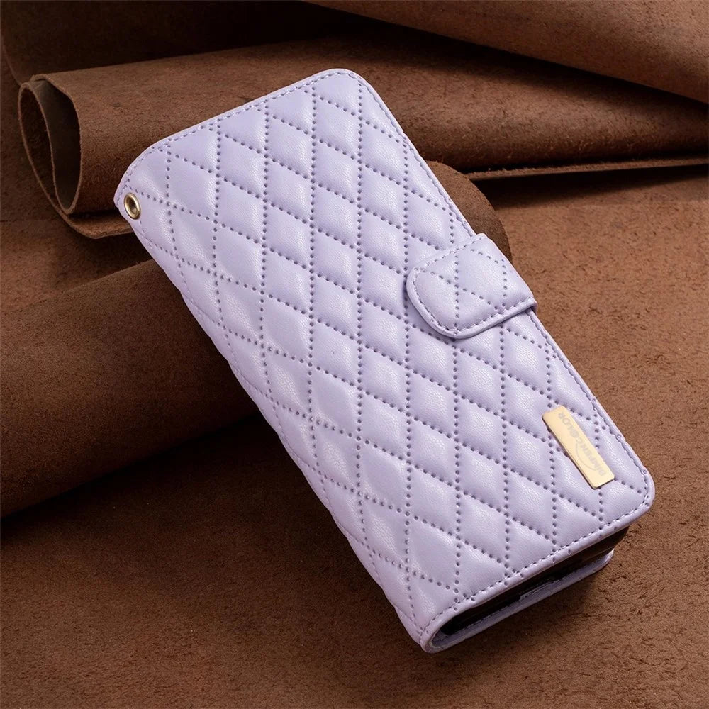 BINFEN COLOR For Samsung Galaxy Z Fold4 5G Zipper Pocket Stand Leather Case Rhombus Pattern Imprinted Phone Wallet Cover - Purple - 7