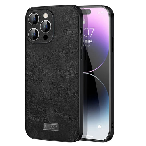 SULADA for iPhone 14 Pro 6.1 inch Wear-resistant Crazy Horse Texture Anti-fall PU Leather Coated TPU + PC Phone Case - Black - 1