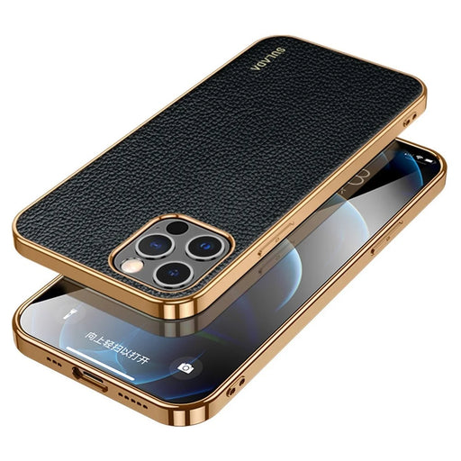 SULADA for iPhone 14 Pro Max 6.7 inch Litchi Texture Electroplating Anti-scratch Cover PU Leather Coated PC + TPU Mobile Phone Case - Black - 1