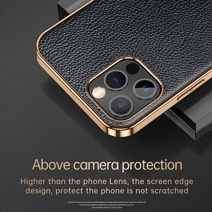 SULADA for iPhone 14 Pro Max 6.7 inch Litchi Texture Electroplating Anti-scratch Cover PU Leather Coated PC + TPU Mobile Phone Case - Black - 4