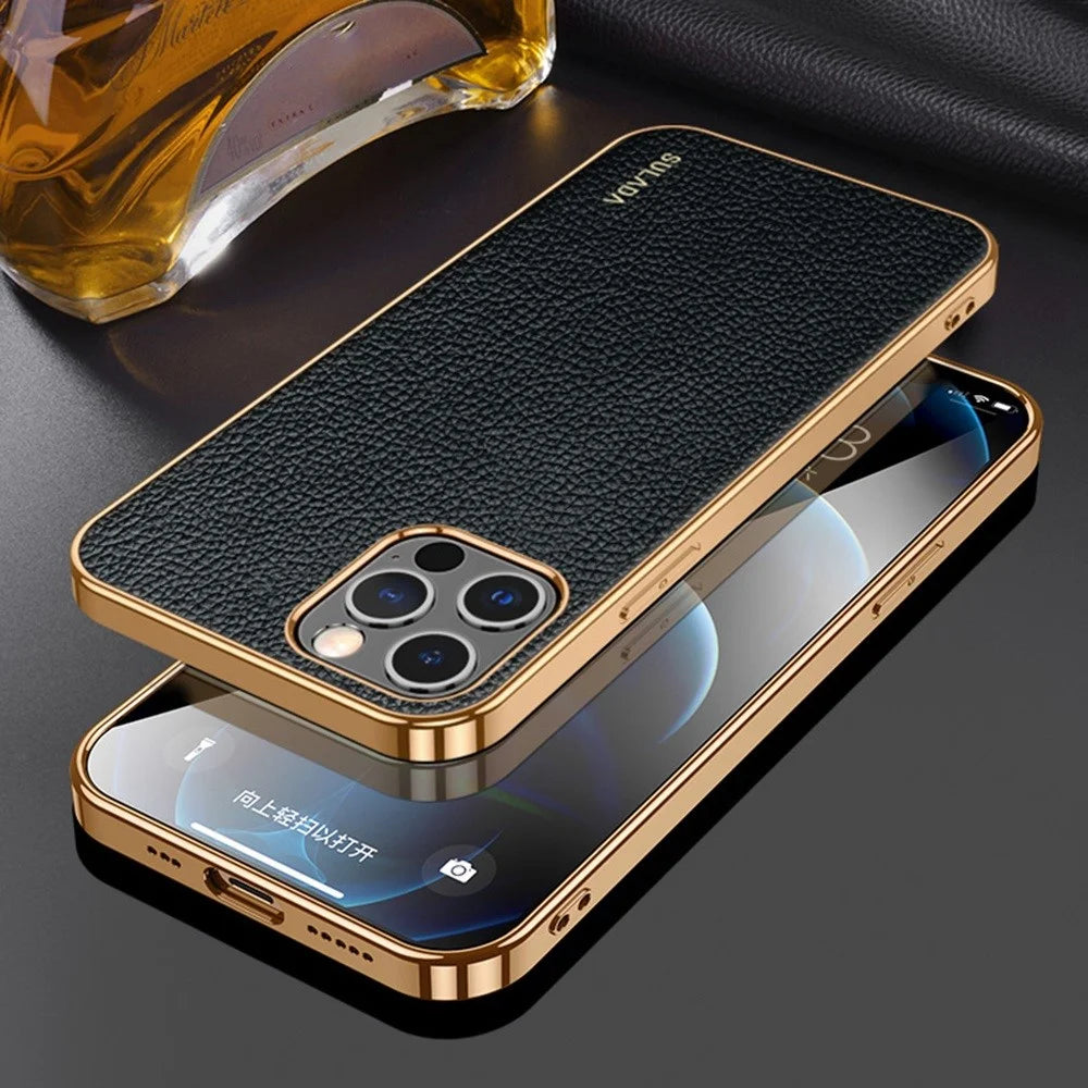 SULADA for iPhone 14 Pro Max 6.7 inch Litchi Texture Electroplating Anti-scratch Cover PU Leather Coated PC + TPU Mobile Phone Case - Black - 6