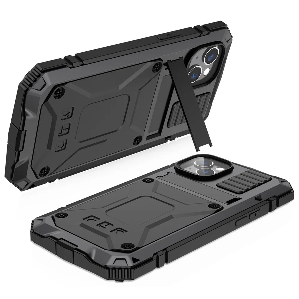 R-JUST for iPhone 14 Plus Hybrid Phone Case Protective Drop-proof Back Cover Kickstand with Tempered Glass Film Screen Protector - Black - 2
