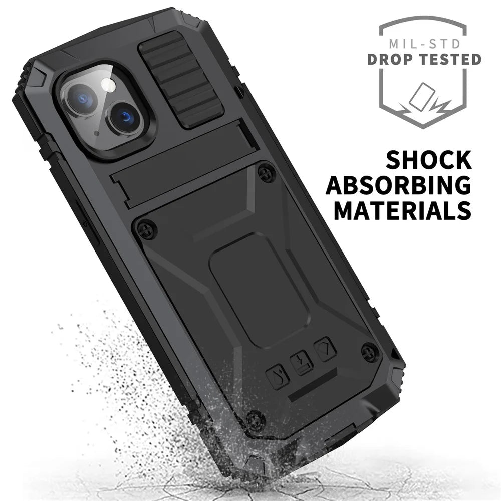 R-JUST for iPhone 14 Plus Hybrid Phone Case Protective Drop-proof Back Cover Kickstand with Tempered Glass Film Screen Protector - Black - 4
