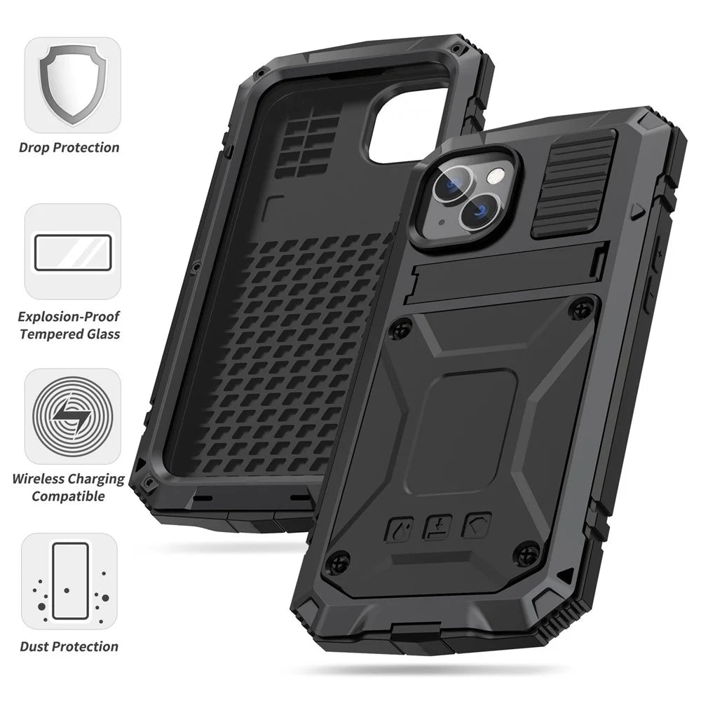 R-JUST for iPhone 14 Plus Hybrid Phone Case Protective Drop-proof Back Cover Kickstand with Tempered Glass Film Screen Protector - Black - 6