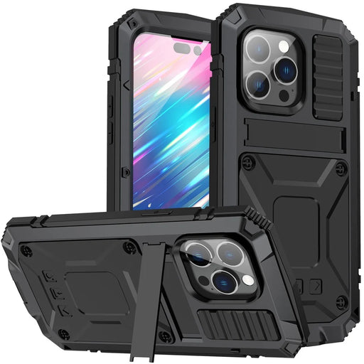 R-JUST Anti-scratch Back Cover for iPhone 14 Pro 6.1 inch Shockproof Hybrid Phone Case Kickstand with Screen Protector - Black - 1
