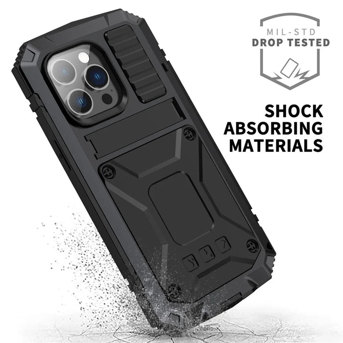 R-JUST Anti-scratch Back Cover for iPhone 14 Pro 6.1 inch Shockproof Hybrid Phone Case Kickstand with Screen Protector - Black - 4