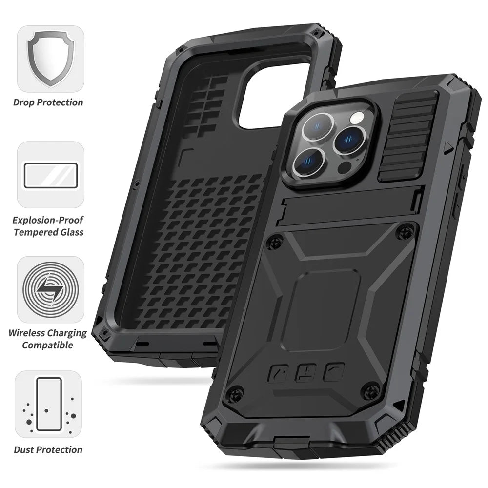 R-JUST Anti-scratch Back Cover for iPhone 14 Pro 6.1 inch Shockproof Hybrid Phone Case Kickstand with Screen Protector - Black - 6