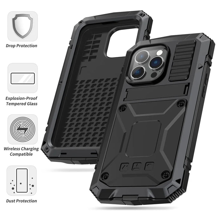R-JUST Anti-scratch Back Cover for iPhone 14 Pro 6.1 inch Shockproof Hybrid Phone Case Kickstand with Screen Protector - Black - 6