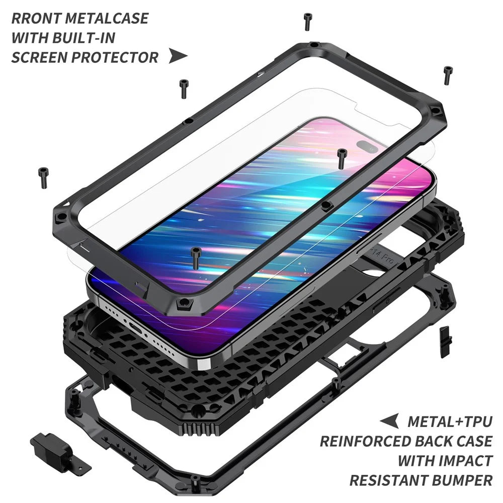 R-JUST Anti-scratch Back Cover for iPhone 14 Pro 6.1 inch Shockproof Hybrid Phone Case Kickstand with Screen Protector - Black - 7