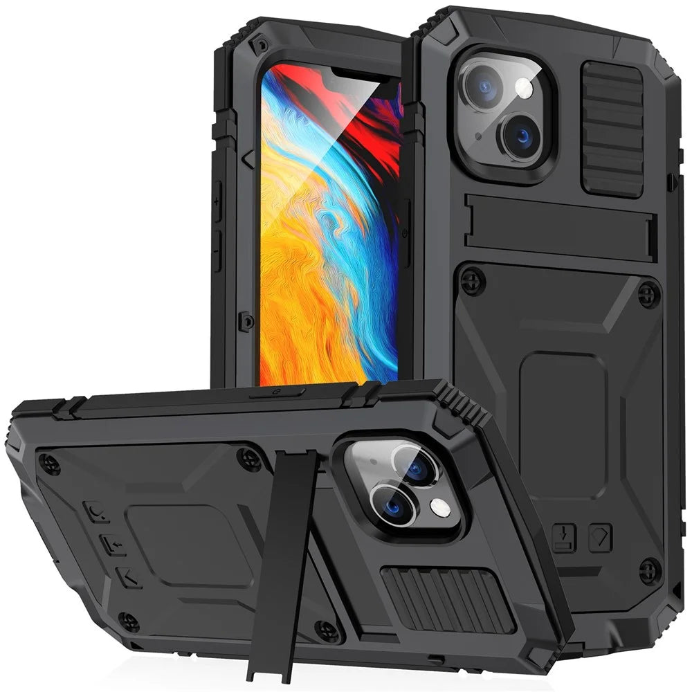 R-JUST for iPhone 14 6.1 inch Shockproof Hybrid Phone Case Protective Back Cover Kickstand with Screen Protector - Black - 1
