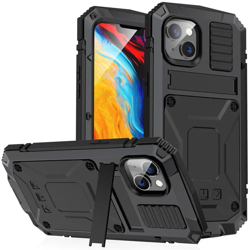 R-JUST for iPhone 14 6.1 inch Shockproof Hybrid Phone Case Protective Back Cover Kickstand with Screen Protector - Black - 1