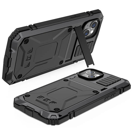 R-JUST for iPhone 14 6.1 inch Shockproof Hybrid Phone Case Protective Back Cover Kickstand with Screen Protector - Black - 2