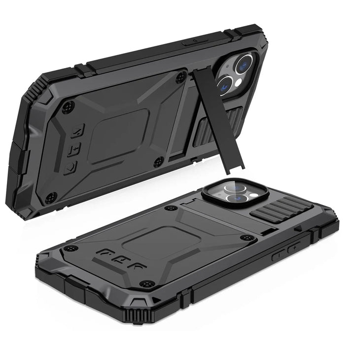 R-JUST for iPhone 14 6.1 inch Shockproof Hybrid Phone Case Protective Back Cover Kickstand with Screen Protector - Black - 2