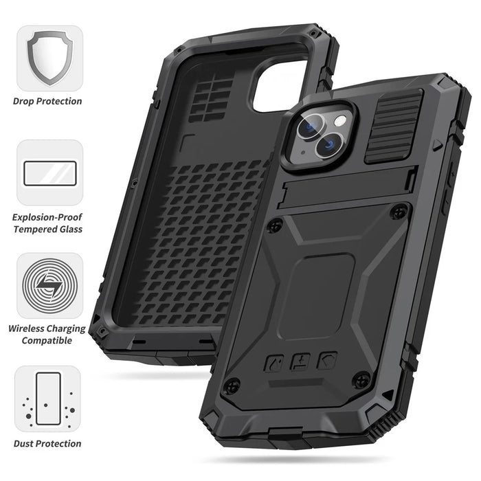 R-JUST for iPhone 14 6.1 inch Shockproof Hybrid Phone Case Protective Back Cover Kickstand with Screen Protector - Black - 6