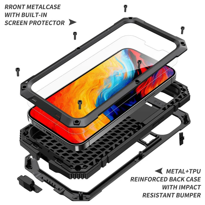 R-JUST for iPhone 14 6.1 inch Shockproof Hybrid Phone Case Protective Back Cover Kickstand with Screen Protector - Black - 7