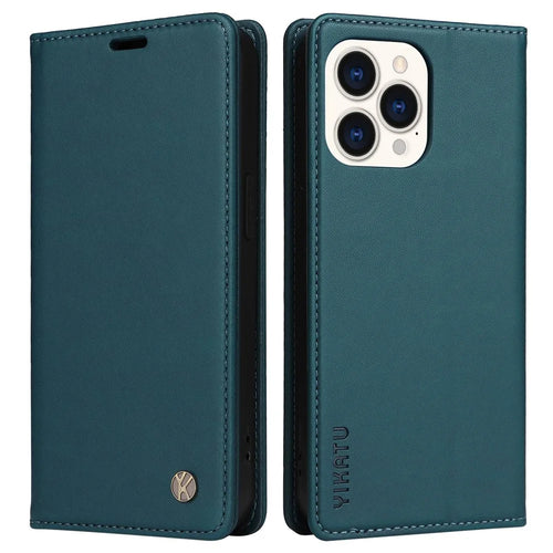 YIKATU Drop-proof Phone Cover For iPhone 14 Pro 6.1 inch, YK- 001 Scratch-resistant Magnetic Auto-absorbed PU Leather Flip Wallet Case Stand - Green - 1