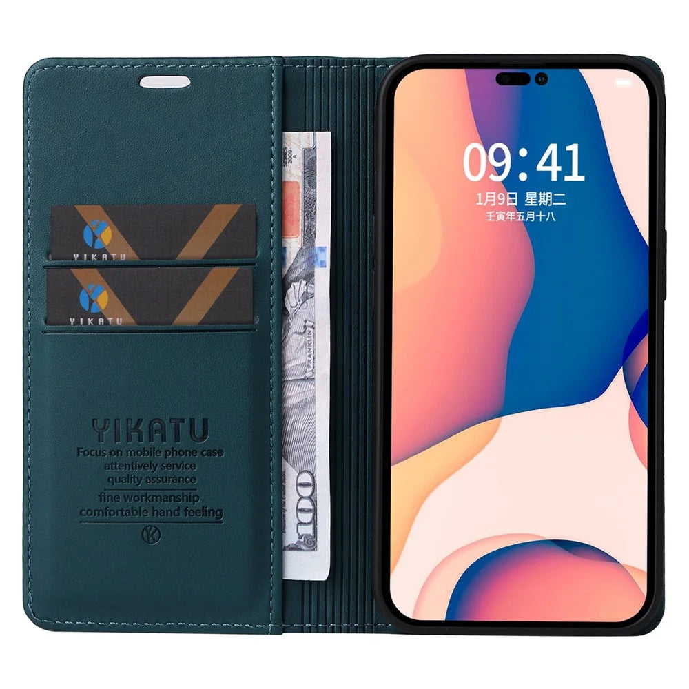 YIKATU Drop-proof Phone Cover For iPhone 14 Pro 6.1 inch, YK- 001 Scratch-resistant Magnetic Auto-absorbed PU Leather Flip Wallet Case Stand - Green - 3