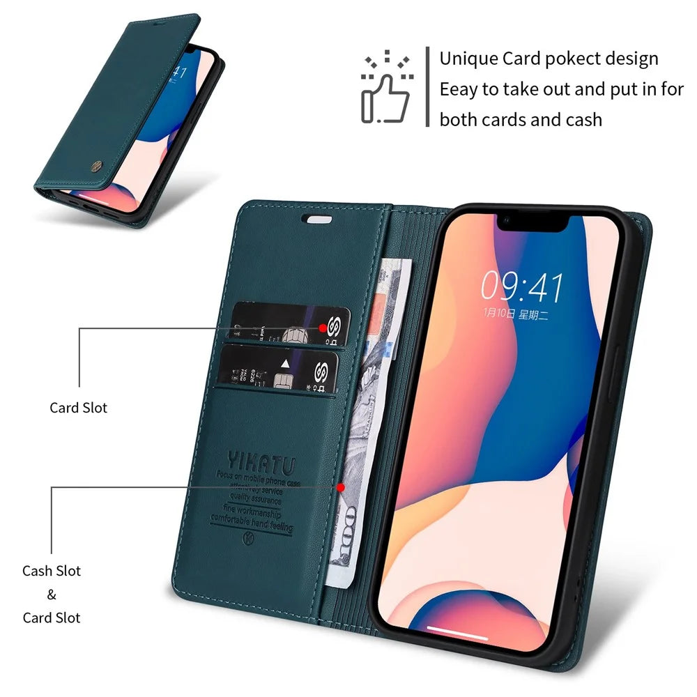 YIKATU Drop-proof Phone Cover For iPhone 14 Pro 6.1 inch, YK- 001 Scratch-resistant Magnetic Auto-absorbed PU Leather Flip Wallet Case Stand - Green - 4