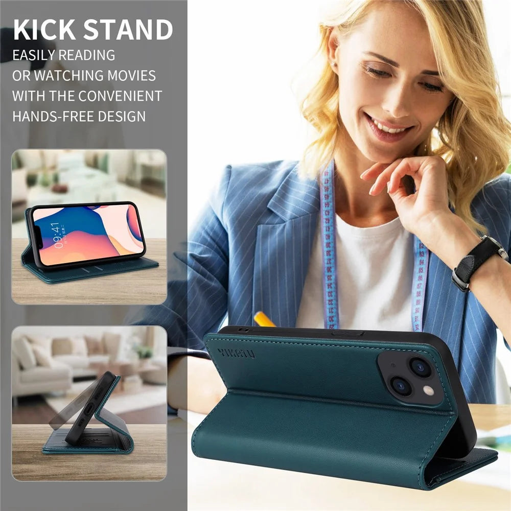 YIKATU Drop-proof Phone Cover For iPhone 14 Pro 6.1 inch, YK- 001 Scratch-resistant Magnetic Auto-absorbed PU Leather Flip Wallet Case Stand - Green - 6
