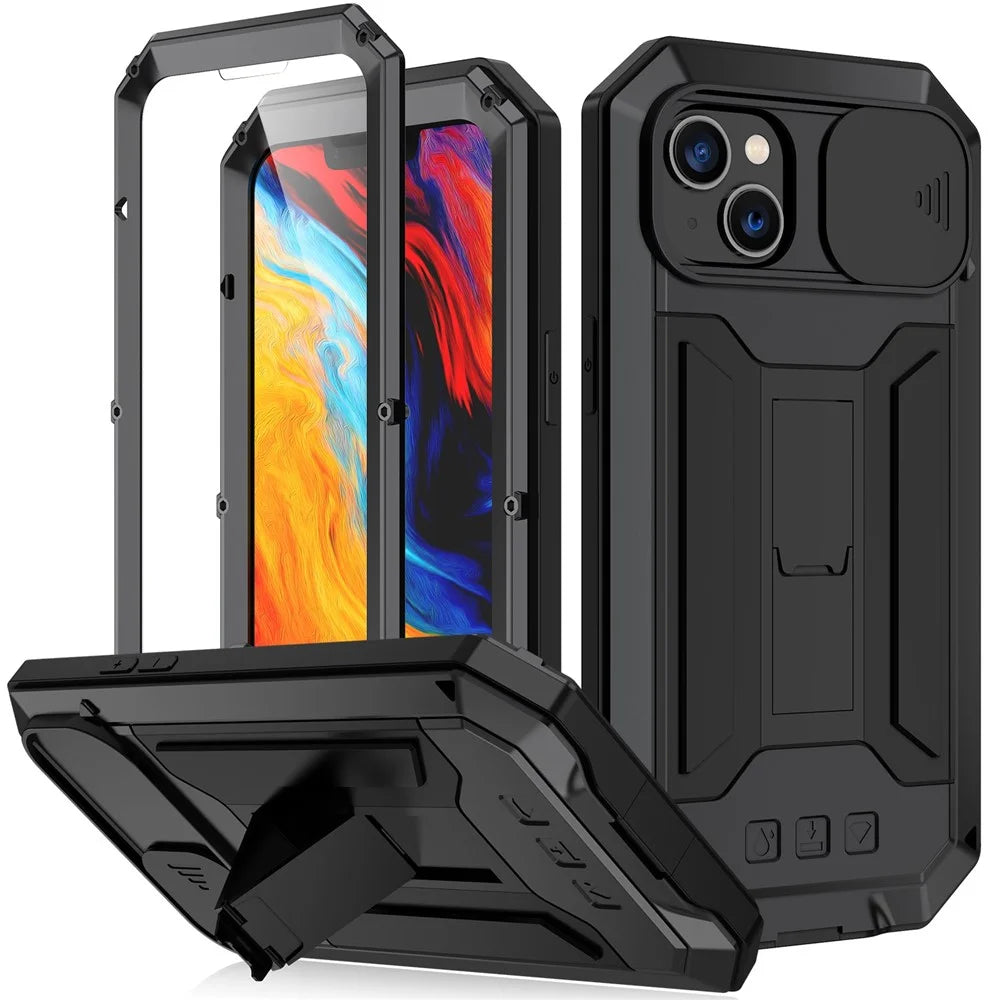 R-JUST For iPhone 14 6.1 inch Slide Camera Cover Silicone + Metal + Tempered Glass Screen Protector Phone Case Drop-proof Cover with Kickstand - Black - 1