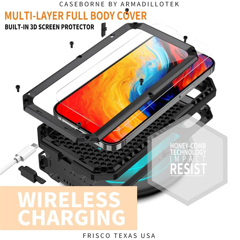 R-JUST For iPhone 14 6.1 inch Slide Camera Cover Silicone + Metal + Tempered Glass Screen Protector Phone Case Drop-proof Cover with Kickstand - Black - 4