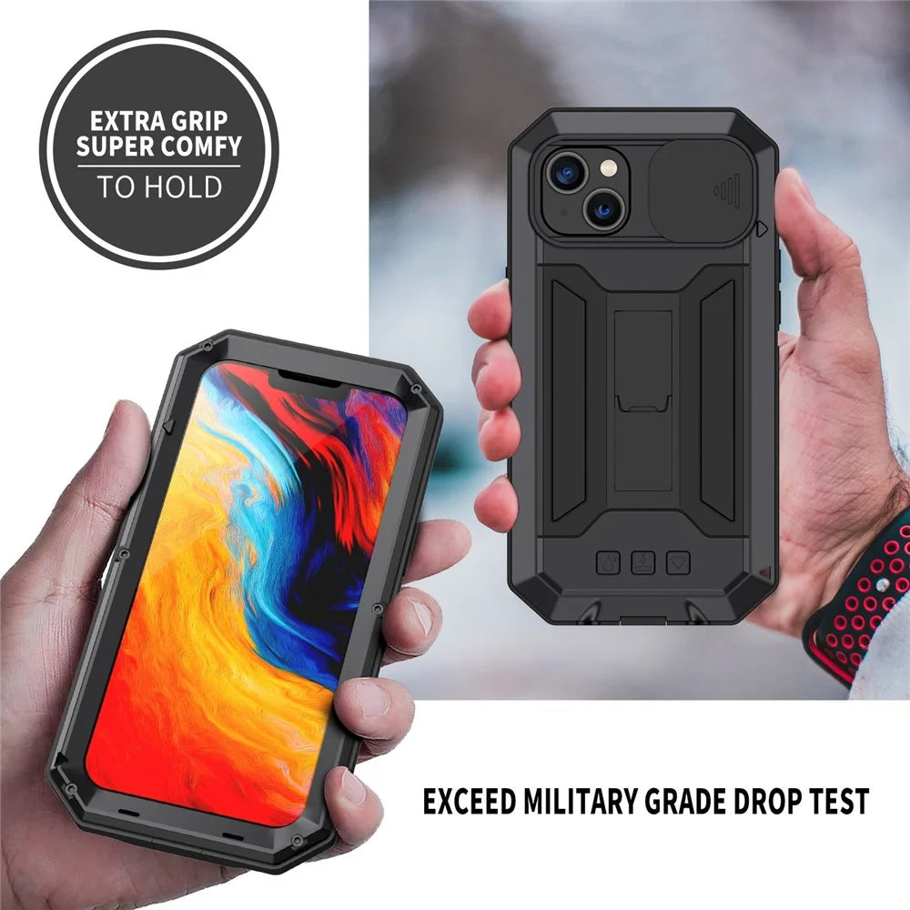 R-JUST For iPhone 14 6.1 inch Slide Camera Cover Silicone + Metal + Tempered Glass Screen Protector Phone Case Drop-proof Cover with Kickstand - Black - 5
