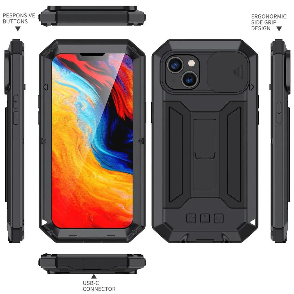 R-JUST For iPhone 14 6.1 inch Slide Camera Cover Silicone + Metal + Tempered Glass Screen Protector Phone Case Drop-proof Cover with Kickstand - Black - 7