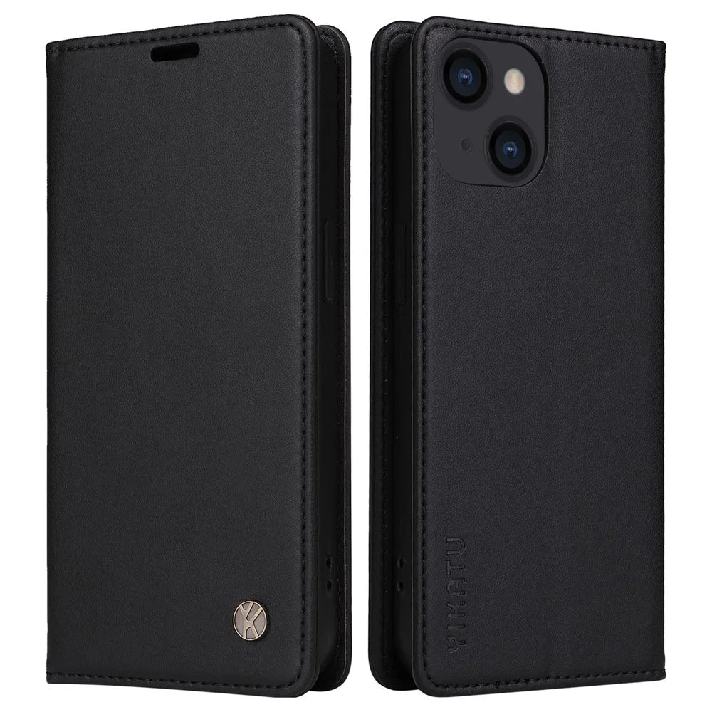 YIKATU Shockproof Phone Cover For iPhone 14 6.1 inch, YK- 001 PU Leather Flip Wallet Case Stand Magnetic Auto-absorbed Phone Shell - Black - 1