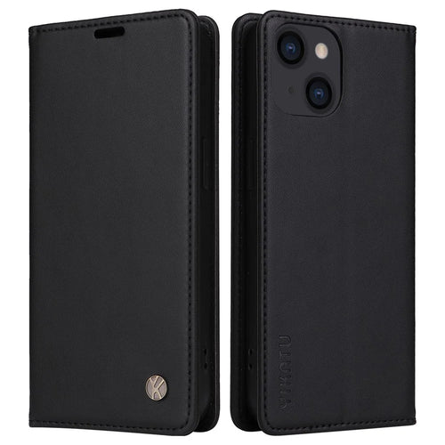 YIKATU Shockproof Phone Cover For iPhone 14 6.1 inch, YK- 001 PU Leather Flip Wallet Case Stand Magnetic Auto-absorbed Phone Shell - Black - 1