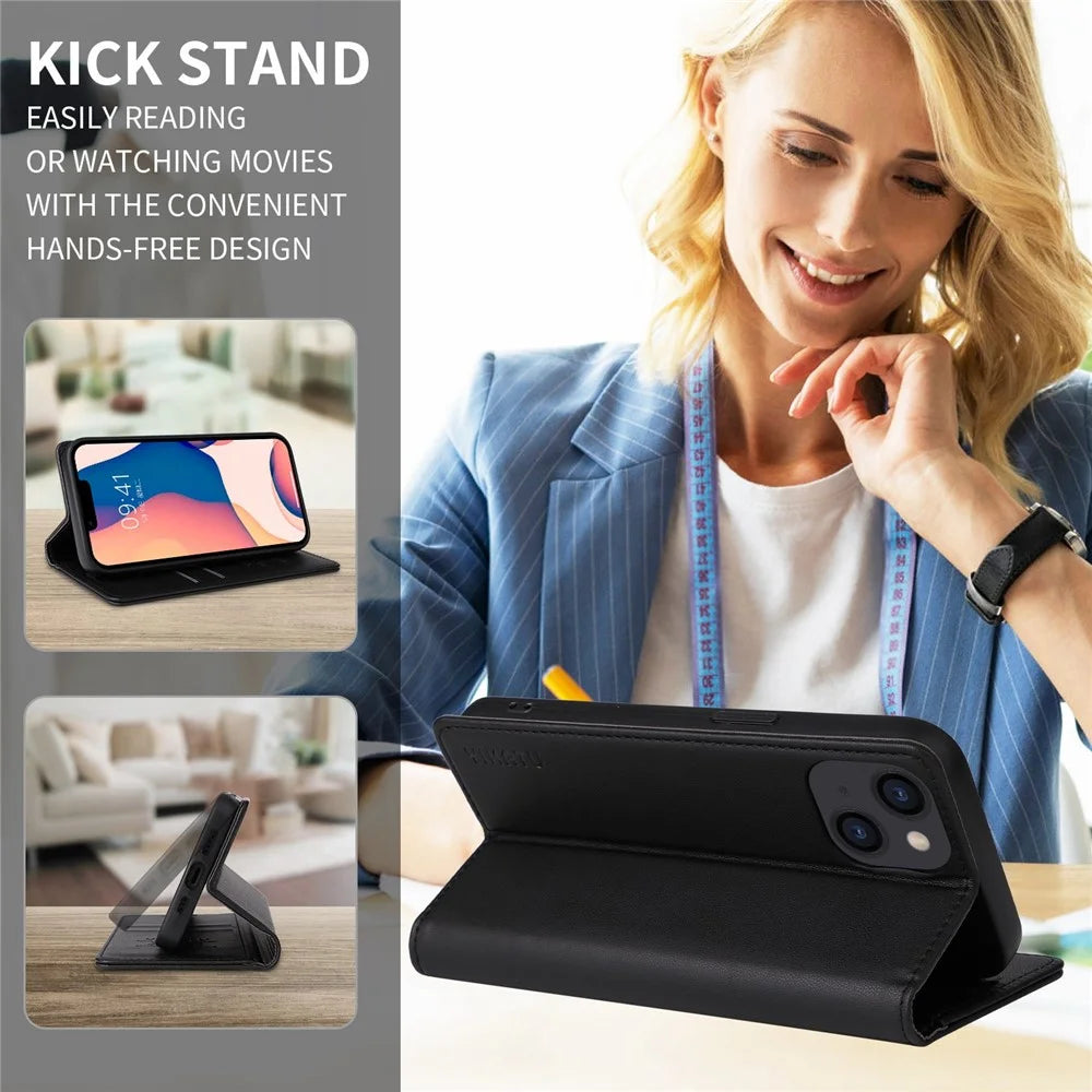 YIKATU Shockproof Phone Cover For iPhone 14 6.1 inch, YK- 001 PU Leather Flip Wallet Case Stand Magnetic Auto-absorbed Phone Shell - Black - 6