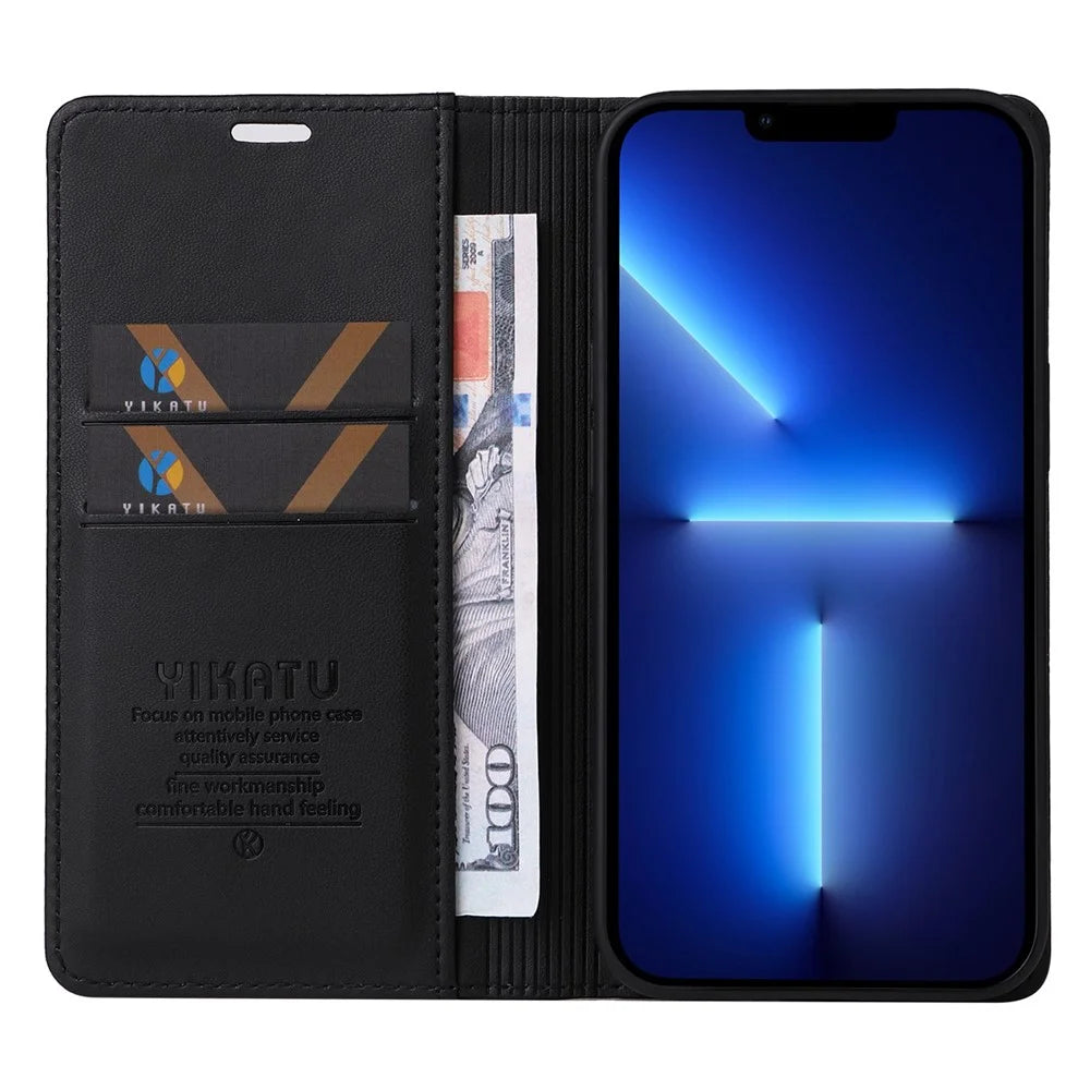 YIKATU for iPhone 13 Pro 6.1 inch YK- 001 Anti-fall Phone Case Magnetic Auto-absorbed PU Leather Flip Wallet Stand Protective Phone Cover - Black - 3