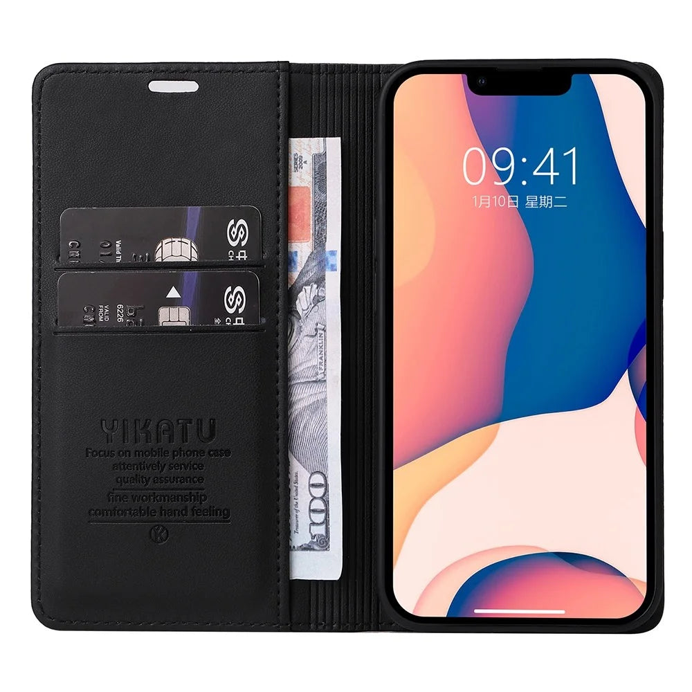 YIKATU For iPhone 13 6.1 inch YK- 001 Anti-drop Phone Case Stand Magnetic Auto-absorbed PU Leather Flip Wallet Cover - Black - 3