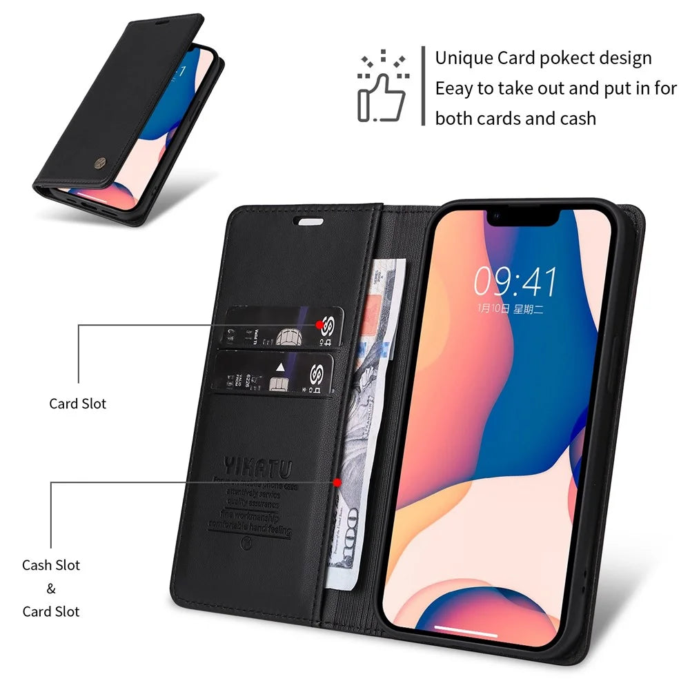 YIKATU For iPhone 13 6.1 inch YK- 001 Anti-drop Phone Case Stand Magnetic Auto-absorbed PU Leather Flip Wallet Cover - Black - 4