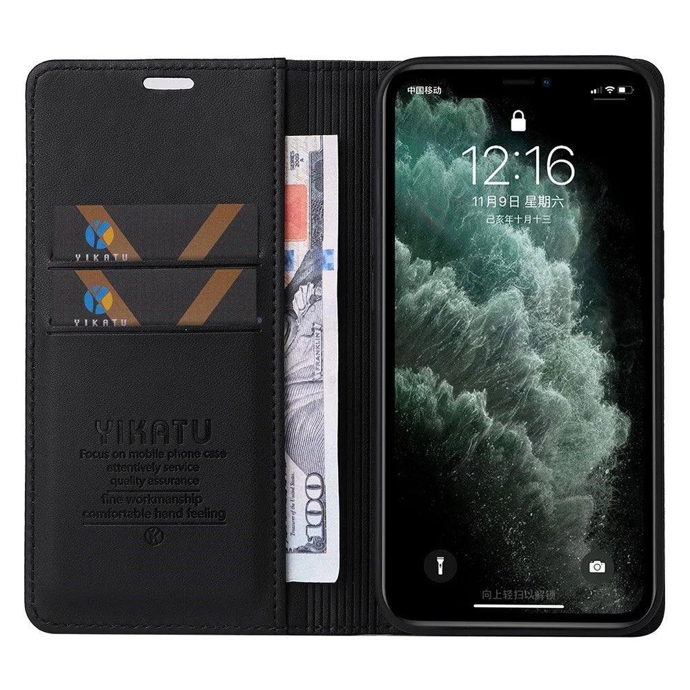 YIKATU Magnetic Closure Phone Case for iPhone 11 Pro 5.8 inch, YK- 001 Full Protection Phone Cover Flip Leather Wallet Stand - Black - 3
