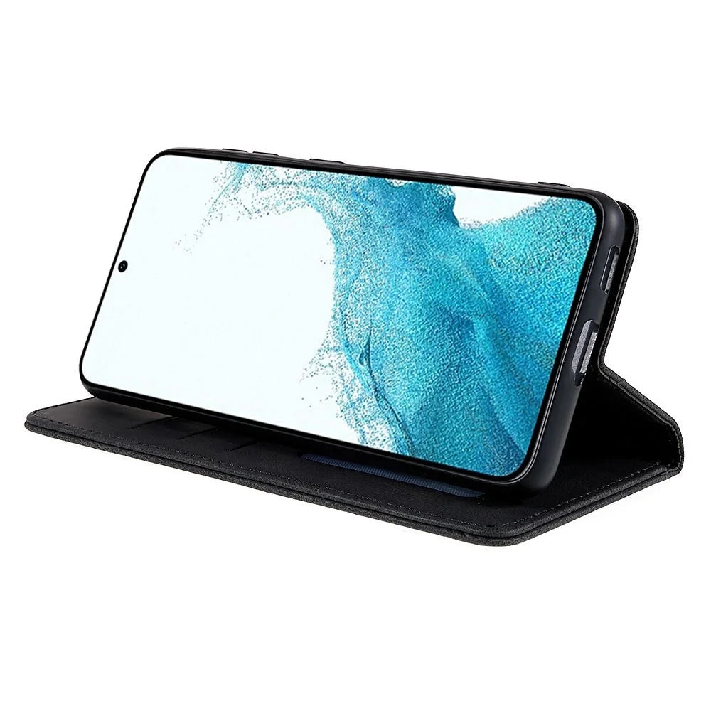 Strong Magnetic Adsorption Phone Case for Samsung Galaxy S22 5G, Stand Wallet Phone Cover Anti-scratch PU Leather Phone Shell - Black - 3