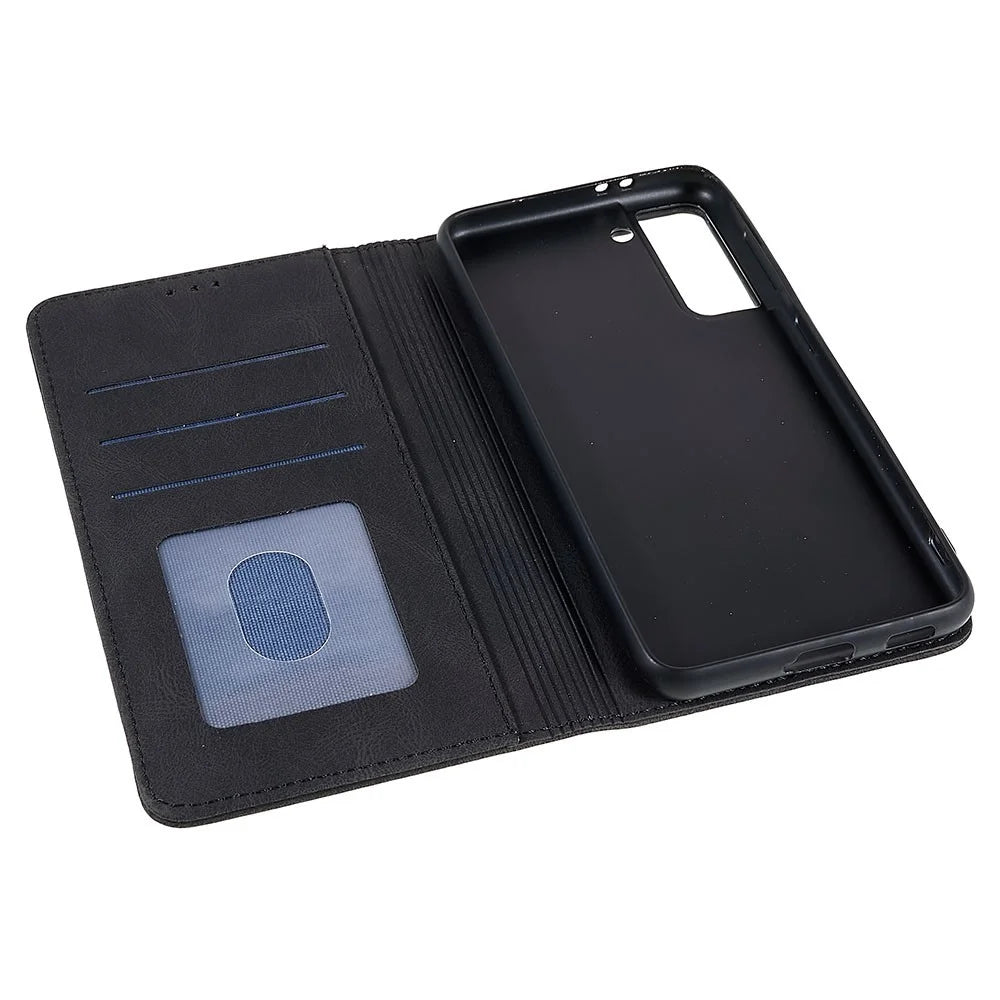 Strong Magnetic Adsorption Phone Case for Samsung Galaxy S22 5G, Stand Wallet Phone Cover Anti-scratch PU Leather Phone Shell - Black - 5